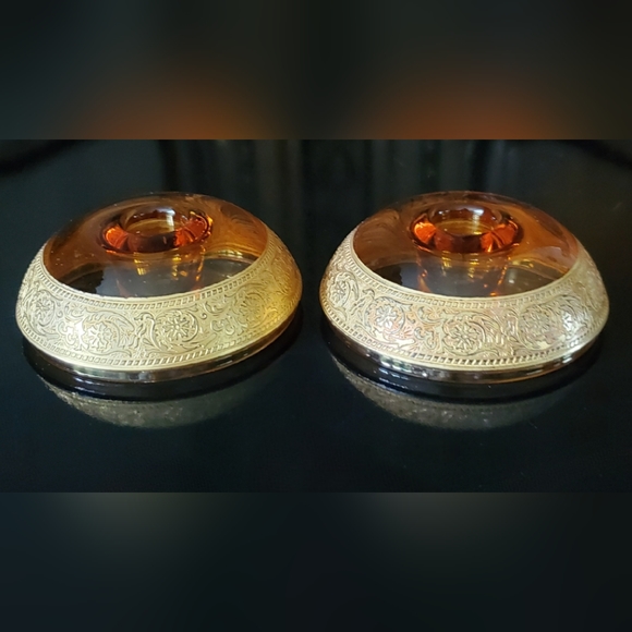 🕯Vntg Amber&Gold Gilt 4" Wide Candle Taper🕯Holders Pair - Picture 15 of 15